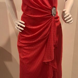 Chic Red Asymmetrical Dress with Brooch